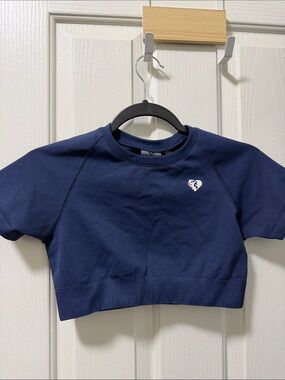 Navy Cropped Tee with Small Heart Logo - Brand: